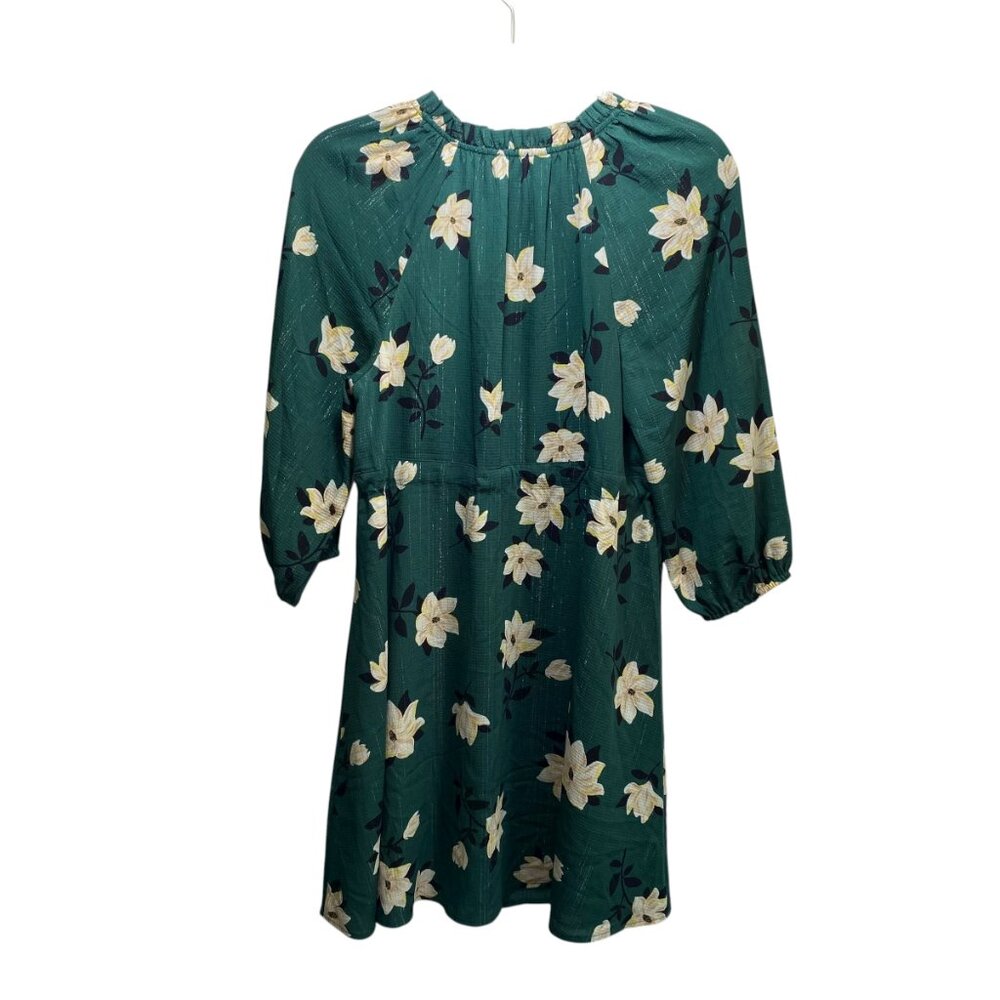 Babydoll Chiffon Kellie Green Floral Shimmer Fit Flare Dress S 3/4 Sleeve V Neck - Picture 3 of 8